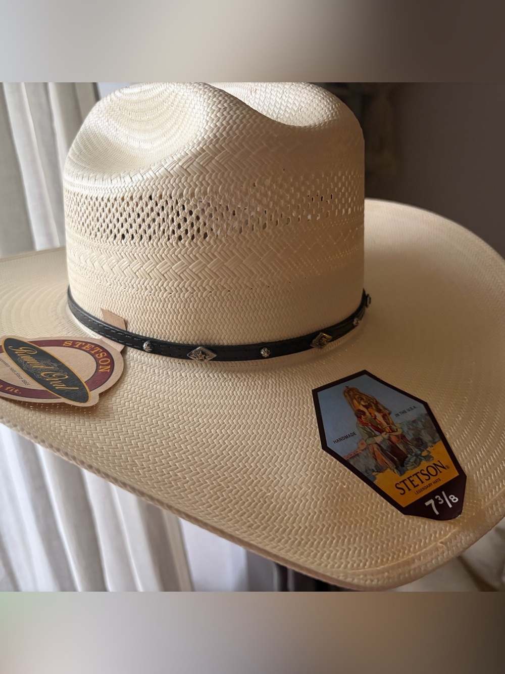 Stetson Men's Ivory Straw Cowboy Plait Hat with Black Concho Band 7 3/8 NWT